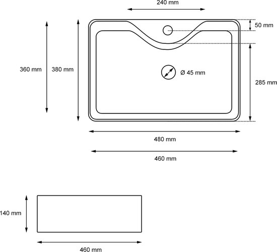 Dessin technique de la vue supérieure et latérale d'un lavabo rectangulaire en céramique blanche.