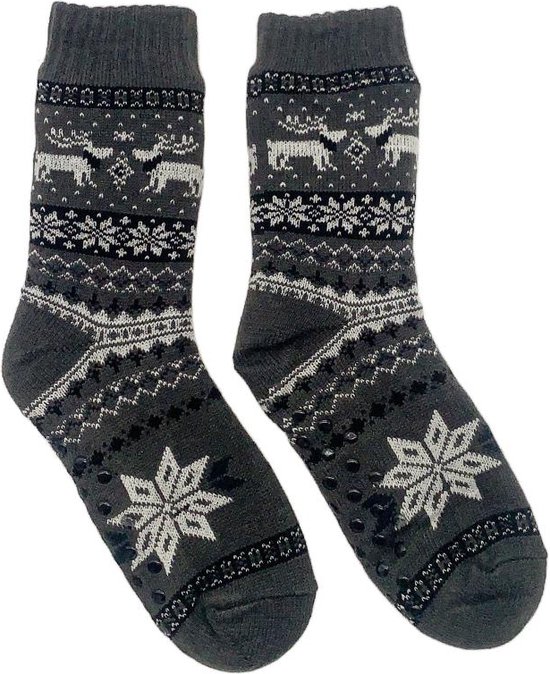 Merino Wollen Sokken Heren - Donkergrijs met Rendier - Kerstsokken  maat 43-46 - Huissokken - Antislip sokken - Warme sokken – Winter sokken