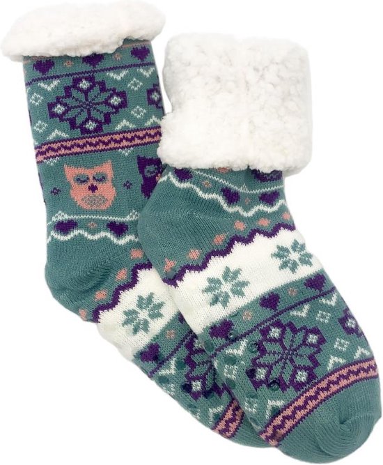 Merino Wollen sokken - Groen met Uiltjes - maat 35/38 - Huissokken - Antislip sokken - Warme sokken – Winter sokken