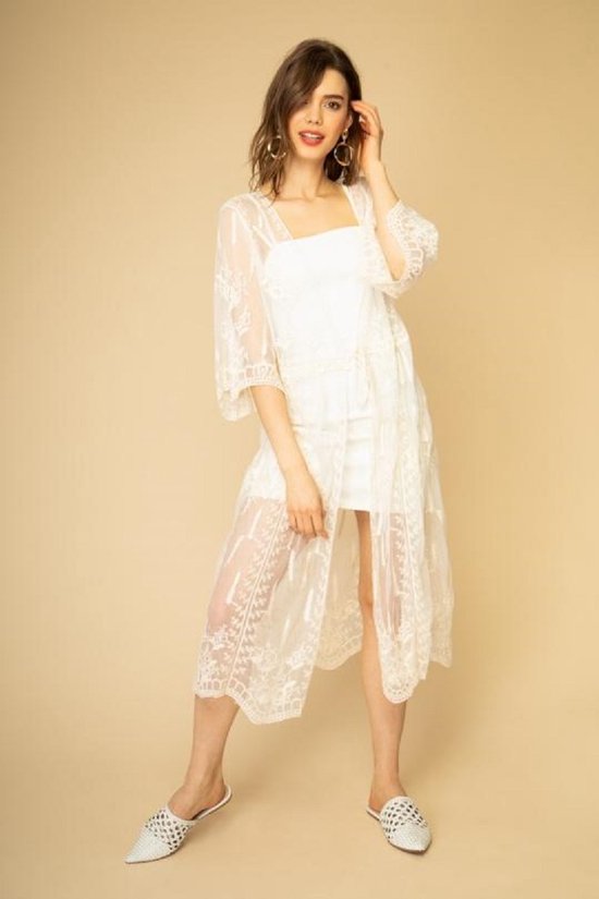 Mooie witte kimono met print - 3/4 mouw - TU
