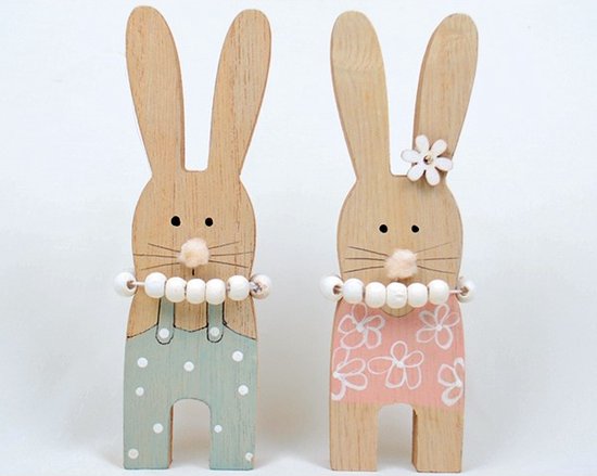 Mooie set van 2 houten konijntjes paashaasjes met parelsnoer 6cmBx 15cm H