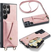 Casemania Hoesje Geschikt voor Samsung Galaxy S23 Ultra Pale Pink - Luxe Back Cover met Koord - Wallet Case - Pasjeshouder
