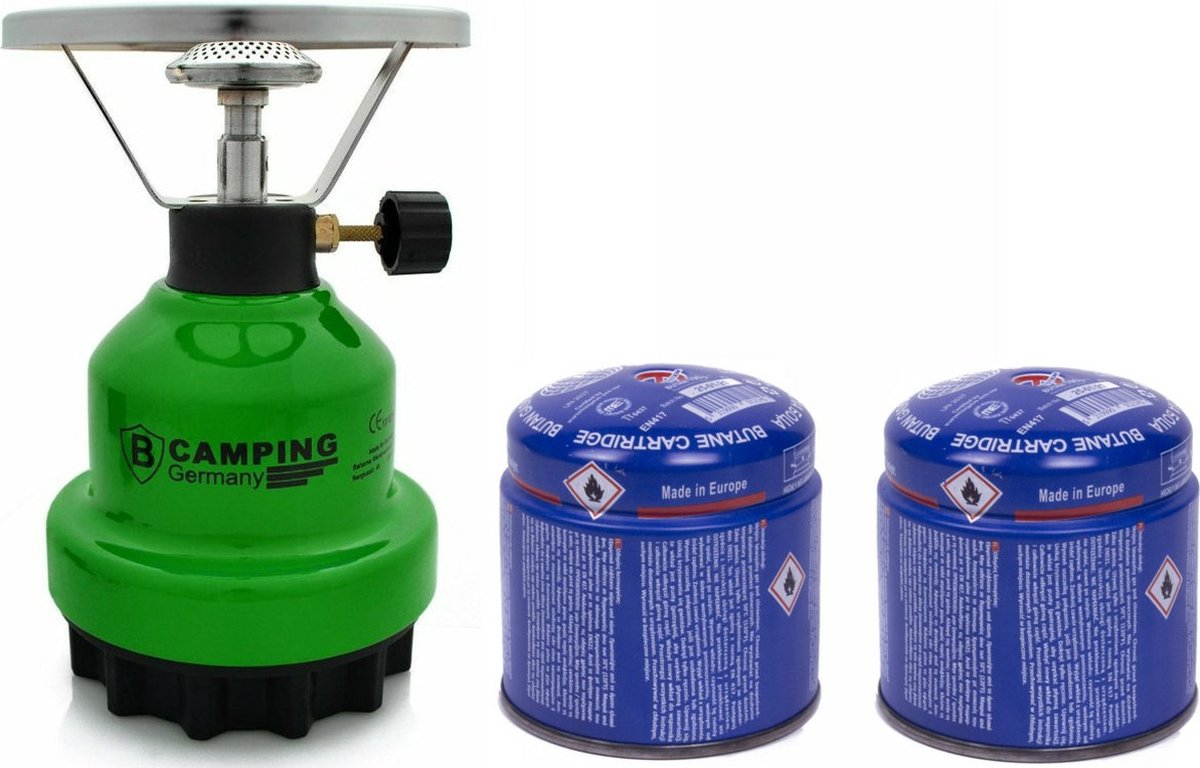 Camping kookstel - metaal - groen - incl. 2x gas navulling priktank - 190 gram