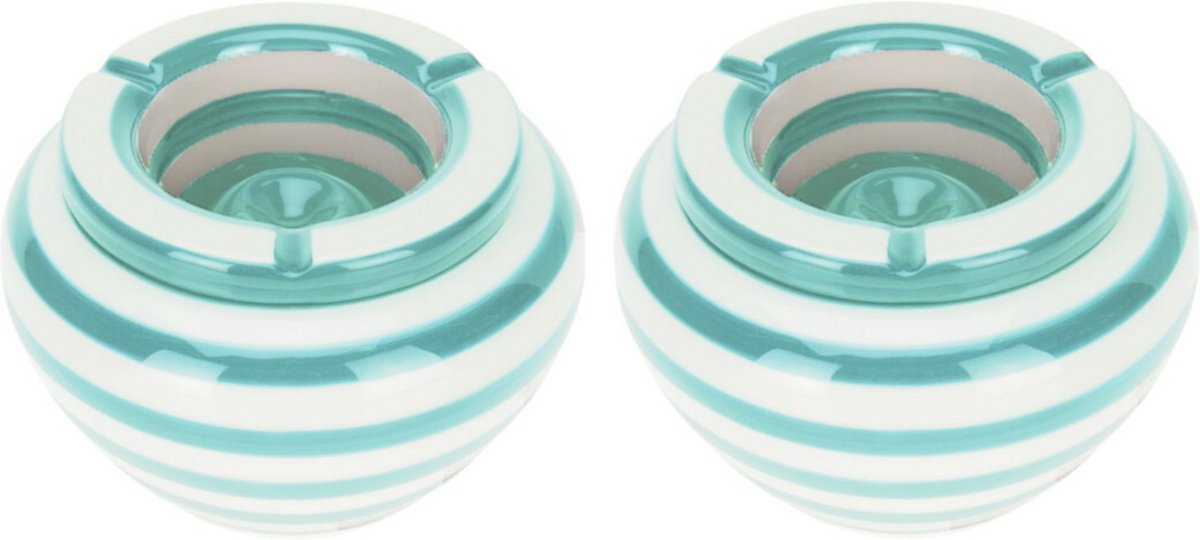Goedkoopste Excellent Houseware Stormasbak gestreept - 2x - Lichtblauw/wit - Dia 14 cm - keramiek