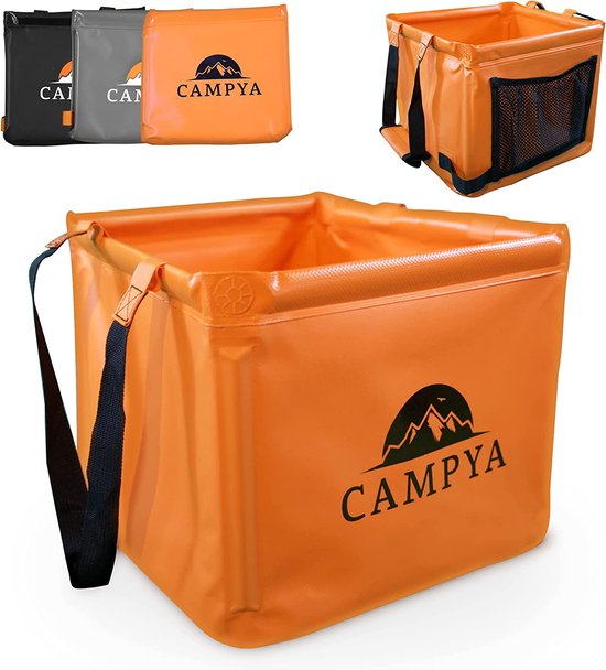 Vouwkom met zijvak & comfortgreep™, inhoud 22 liter, wasbak, camping, opvouwbaar, 24 x 30 x 30 cm, afwasbak, afwasbak, spoelbak, vouwemmer, opvouwbare kom, outdoor, oranje