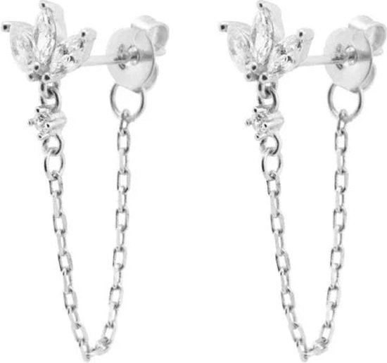 Zilveren-oorbellen-ketting- Zirkonia- 925 Zilver-transparant - Aramat Jewels® - Elegante 925 Zilveren Oorbellen met Kettinkje en Zirkonia - 10mm - Stijlvol & Tijdloos