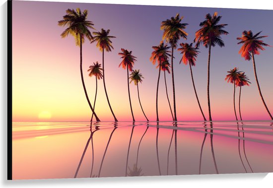 Canvas - Hoge Smalle Palmbomen in Kalm Water tijdens Rozekleurige Zonsopkomst - 120x80 cm Foto op Canvas Schilderij (Wanddecoratie op Canvas)