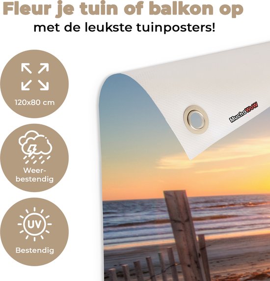 Tuinposter strand - Duin - Zonsondergang - Zee - Natuur - Landschap - Tuindoek - 120x80 cm - Tuindecoratie - Schuttingdoek - Schutting decoratie - Tuin - Tuinschilderij voor buiten - Buitenposter