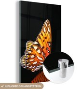 MuchoWow® Glasschilderij 60x90 cm - Schilderij acrylglas - Vlinder - Bloemen - Insect - Portret - Zwart - Oranje - Foto op glas - Schilderijen
