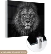 Glasschilderij leeuw - Zwart - Wit - Dieren - Foto op glas - Wanddecoratie glas - 40x30 cm - Woondecoratie - Schilderij glas - Muurdecoratie woonkamer