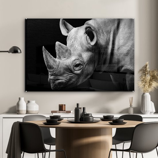 MuchoWow - Peinture sur verre - Photo sur verre - Peinture sur verre - Verre acrylique - Animaux - Rhinocéros - Zwart - Wit - Décoration murale - 90x60 cm - Salon - Décoration murale animaux - Décoration maison