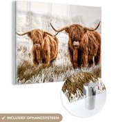MuchoWow® Glasschilderij 160x120 cm - Schilderij acrylglas - Schotse hooglander - Koe - Natuur - Winter - Foto op glas - Schilderijen