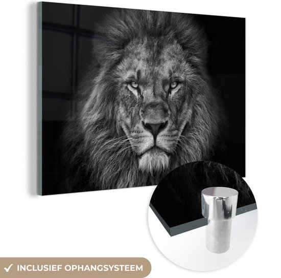 Glasschilderij leeuw - Zwart - Wit - Dieren - Foto op glas - Wanddecoratie glas - 30x20 cm - Woondecoratie - Schilderij glas - Muurdecoratie woonkamer