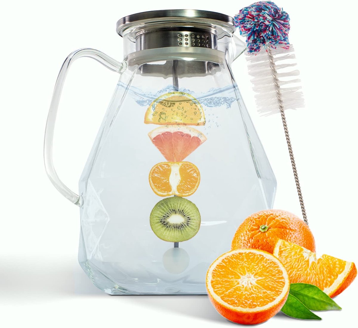 Glazen karaf met deksel (2 liter) - grote karafglas met fruitinzet en reinigingsborstel - hoogwaardige waterkaraf voor water en sappen