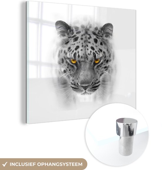 MuchoWow® Glasschilderij 50x50 cm - Schilderij acrylglas - Luipaard - Zwart - Wit - Dieren - Foto op glas - Schilderijen