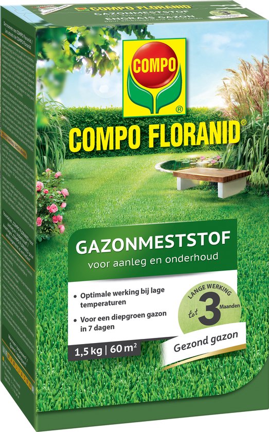 Foto: Compo floranid gazonmeststof aanleg onderhoud diepgroen gazon in 7 dagen werkt ook bij lage temperaturen doos 1 5 kg 60 m 