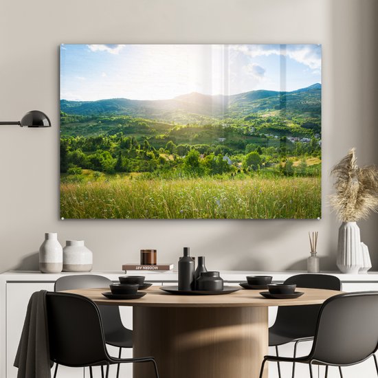 Peinture sur verre - Photo sur verre - Paysage - Herbe - Nature - Arbres - Peinture sur verre - Décoration d'intérieur - Verre acrylique - Peinture sur verre nature - 120x80 cm - Décoration murale