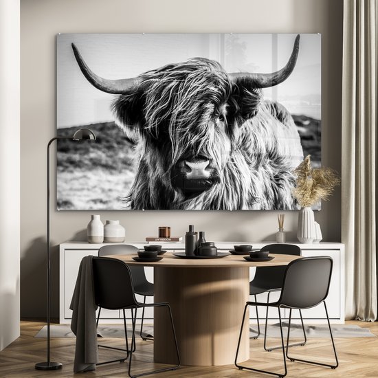 Peinture sur verre - Photo sur verre - Highlander écossais - Nature - Vache - Zwart et blanc - Verre acrylique - Décoration murale - 150x100 cm - Peinture sur verre Highlander écossais - Peinture sur verre - Décoration d'intérieur