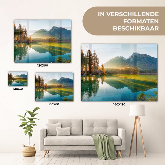 Peinture sur verre - Plaque acrylique - Lac - Water - Vert - Montagnes - Arbre - Décoration murale - Peinture sur verre - Verre acrylique - Photo sur verre - 160x120 cm - Peinture sur verre nature - Décoration murale
