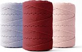 Ledent macramé touw, (2mm, 3 x 70M), set van 3, dubbel getwist - 100% geregenereerd katoenkoord - Macramé touw in lichtpaars, bordeaux & roos om mee te knutselen.