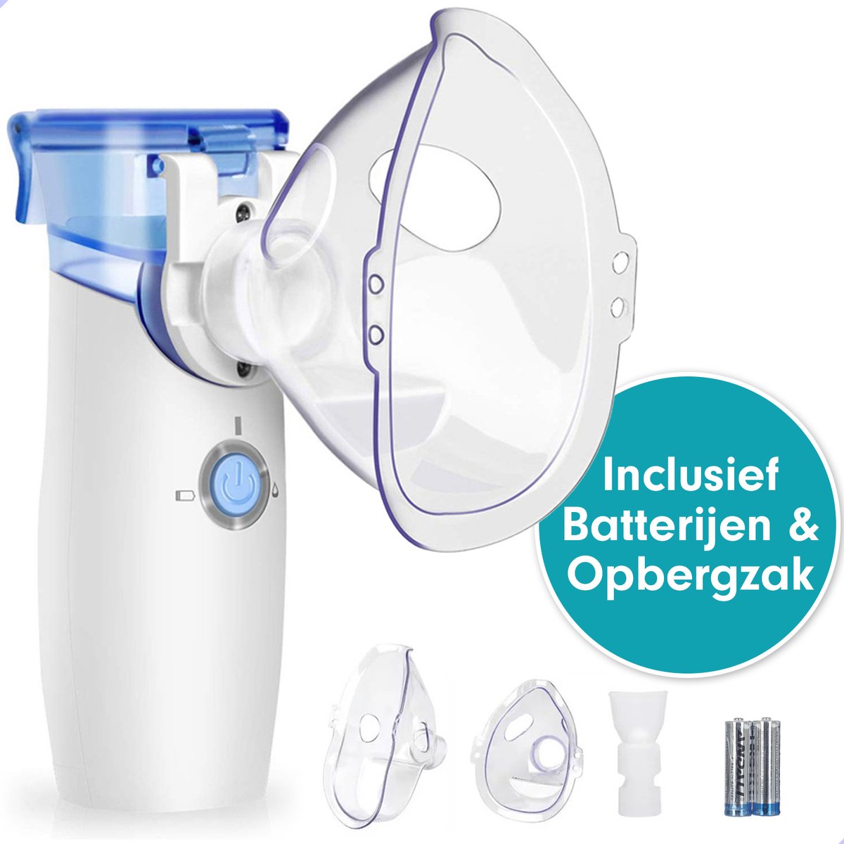 Inhalator - Aerosoltoestel - Gezichtsstomer - Vernevelaar - Waterverstuiver - Voor baby kinderen & volwassenen - Aerosol - Incl. Batterij / Opberghoes / 3 Mondstukjes