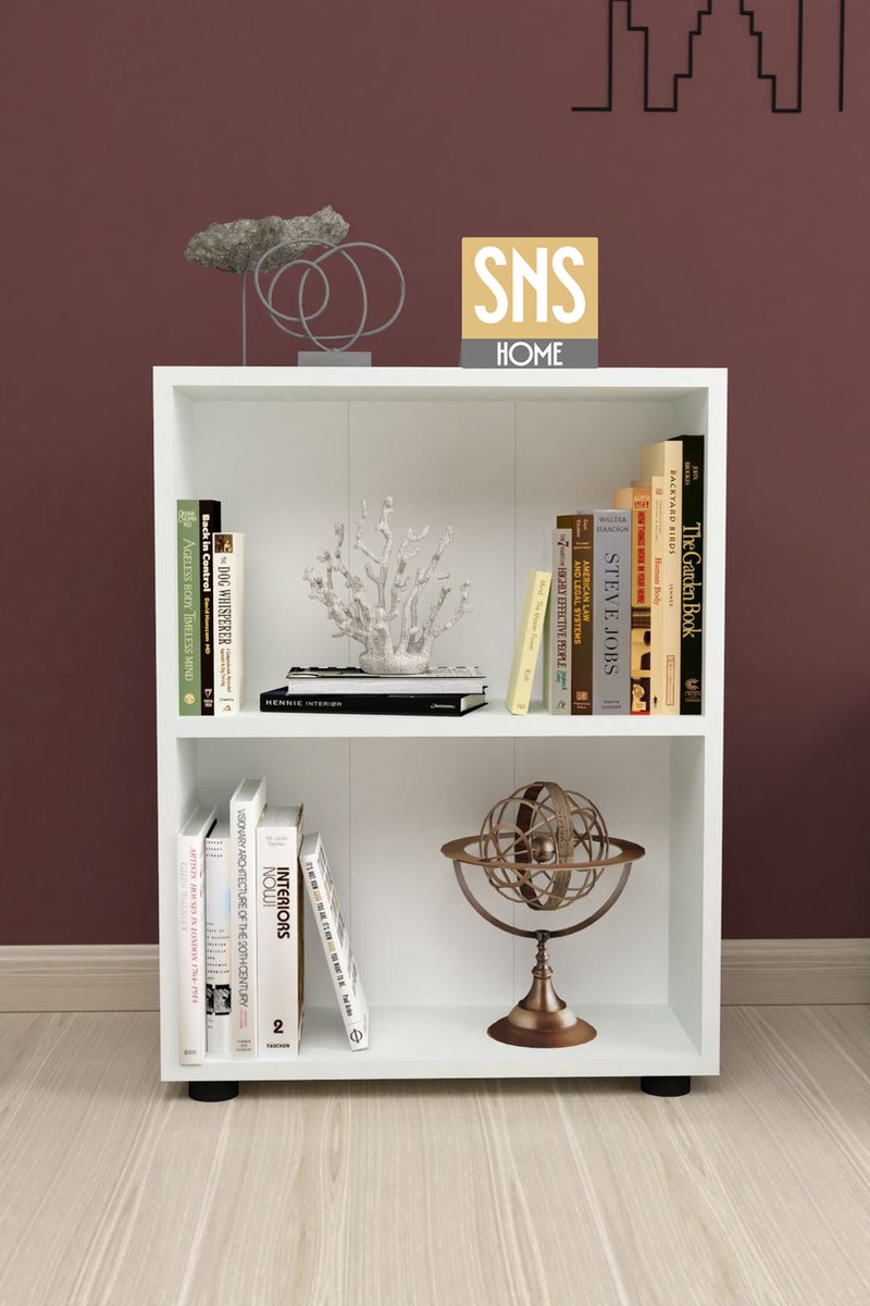 SNS Home - 13-05 - Decoratieve Boekenkast - Boekenkast met 2 Planken - Moderne Spaanplaat Boekenkast - Houten Boekenkast - Wit