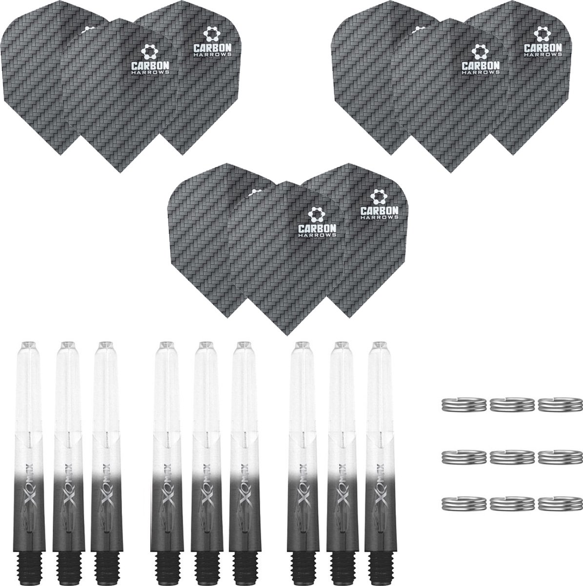 Darts Set - Maxgrip - 3 sets - darts shafts - zwart-clear - medium - en 3 sets - carbon - darts flights