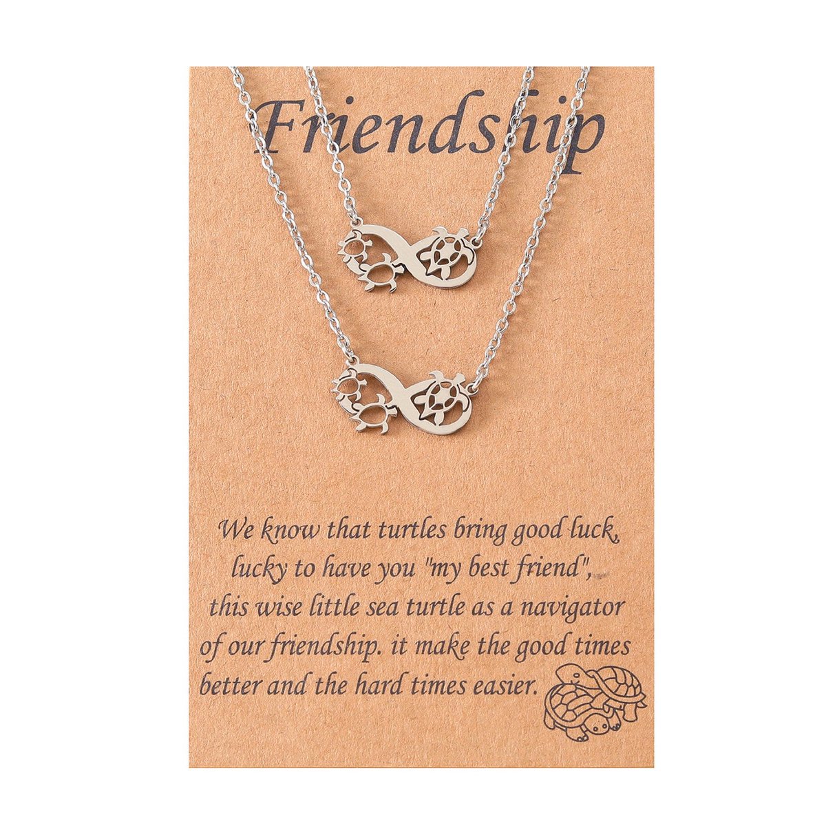 BFF Ketting voor 2 met Oneindigheidsteken & Schildpadjes - Zilverkleurig - Vriendschapsketting met Cadeau kaartje - Pax Amare