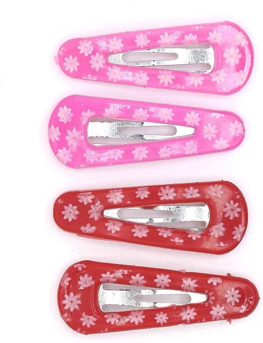 Klik-klak haarspeldjes kinderen roze-rood met bloemetjes