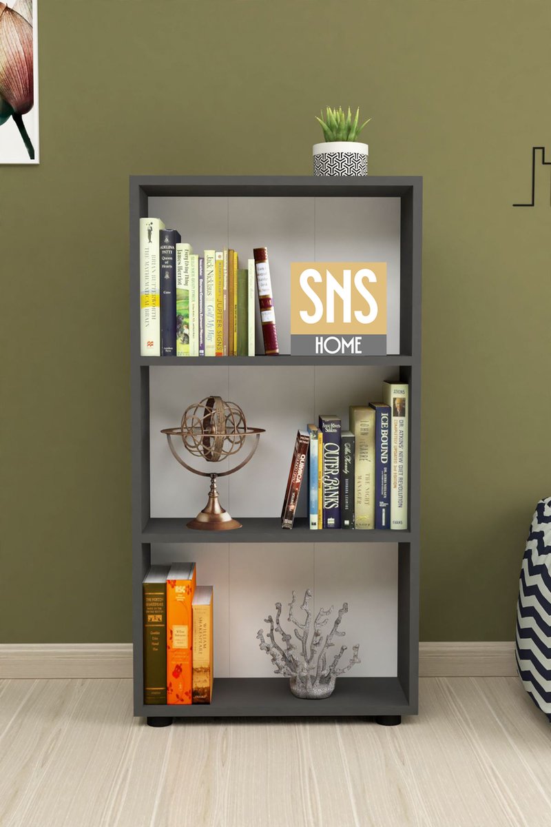 SNS Home - Boekenkast/ Rek - Antraciet - 56 cm Breed - Decoratieve Boekenplank met 3 Planken - Moderne Boekenkast