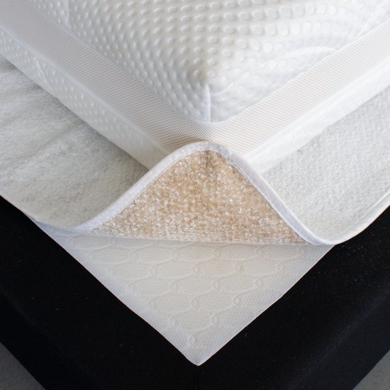 Een matrasbeschermer met witte en beige zijden ligt op een matras met een patroon.