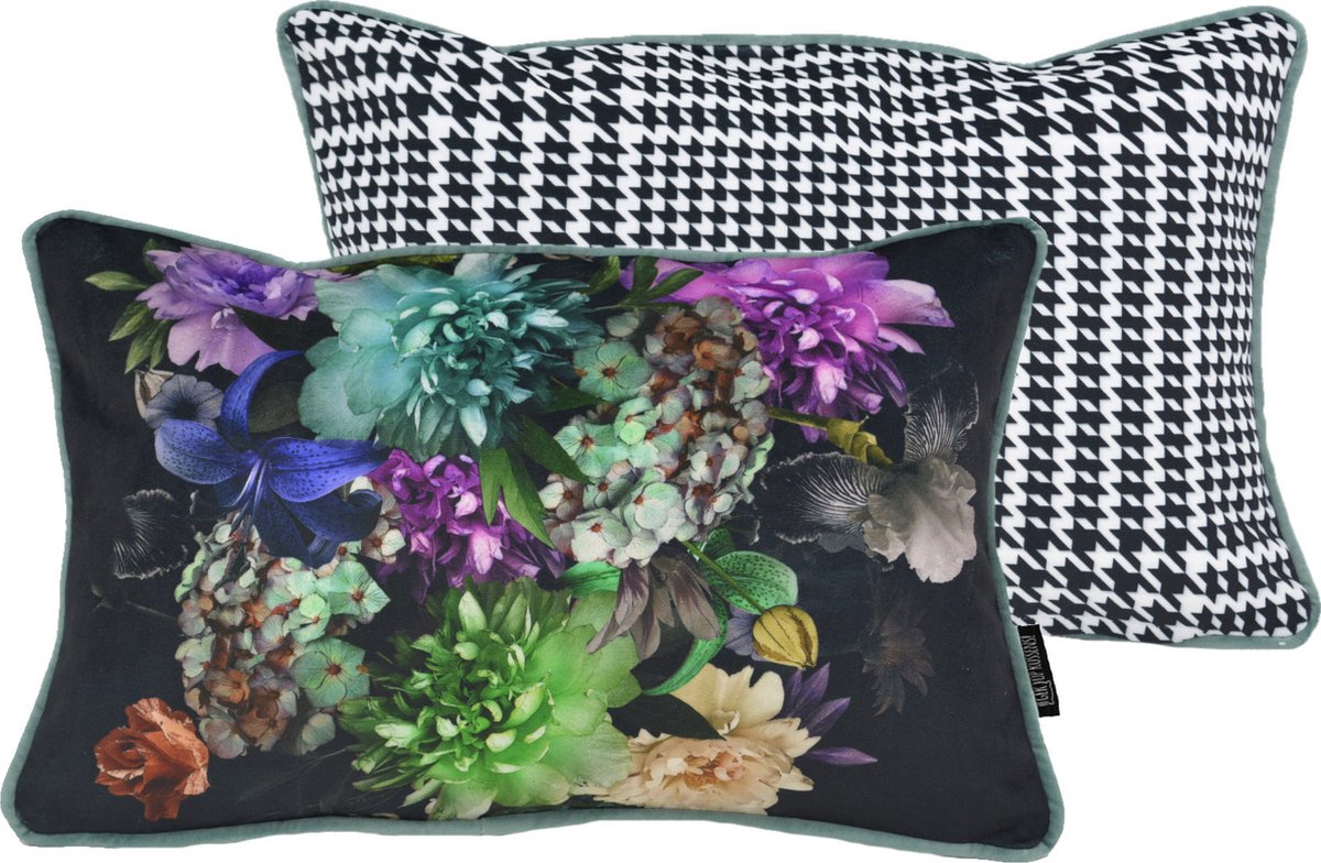 Gek op Kussens! Sierkussen Velvet Pied-De-Poule Flower | 30 x 50 cm | Polyester Wit/Zwart