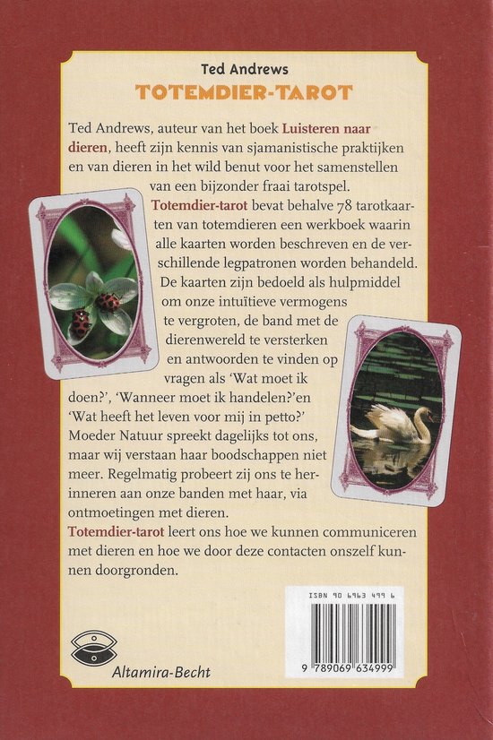 Achterkant van Totemdier Tarot met tekst en twee tarotkaarten met lieveheersbeestjes en een zwaan.