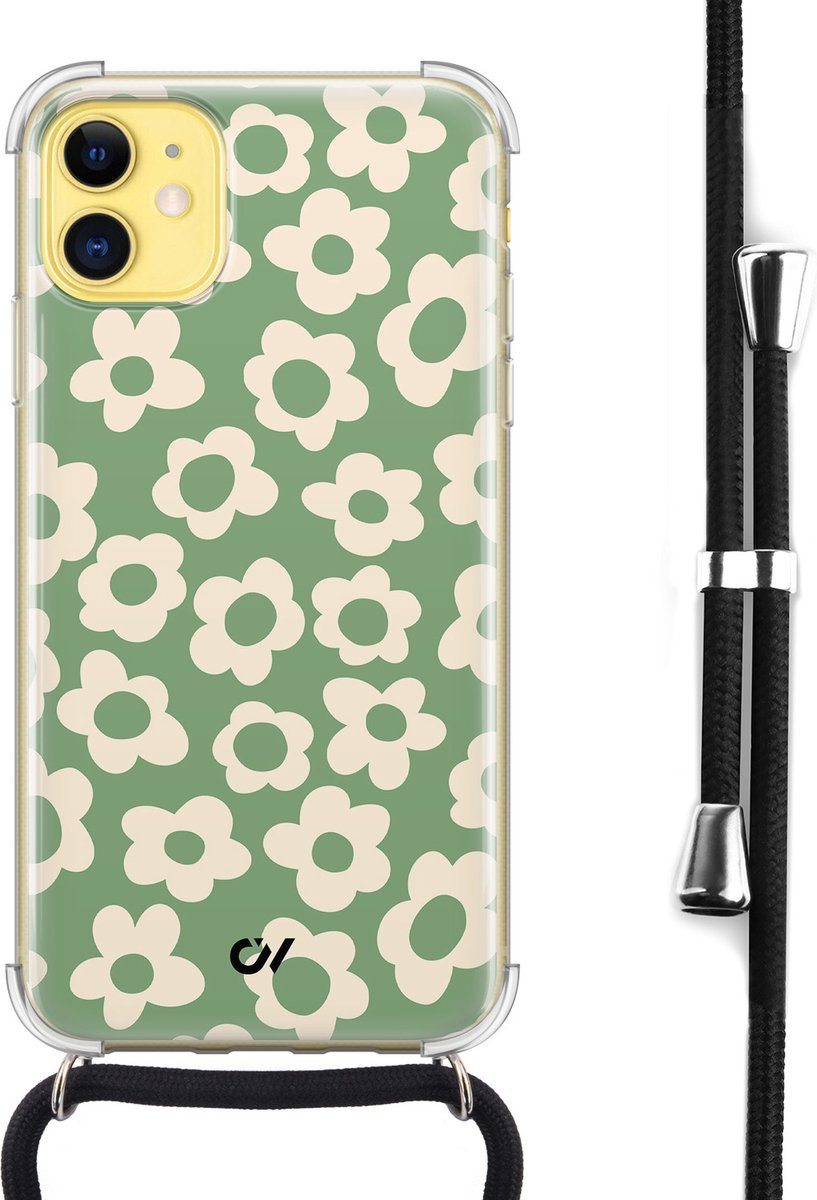 Casevibes - Telefoonhoesje met koord - Geschikt voor Apple iPhone 11 - Retro Cute Flowers - Groen - Bloemen