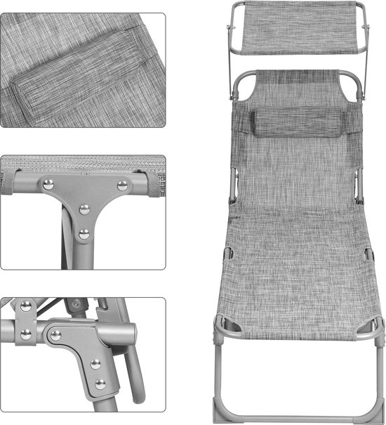 MIRA Home - Ligbed - Zonnebed - Tuinstoel - Zonnescherm - Grijs - 193x30x62