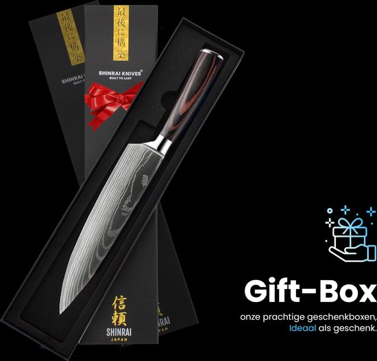 Couteau de chef à motif damas et manche en bois sombre dans un élégant coffret cadeau.