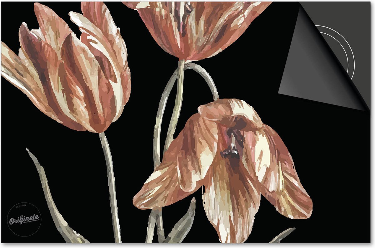 Inductie beschermer 77x51 - afdekplaat inductie mat - Dietrix Kookplaat beschermer - Base - Botanical - Wilde Tulp op zwart