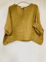 Luchtige linnen korte - crop top - ronde hals - raglan mouwen kleur Camel - one size
