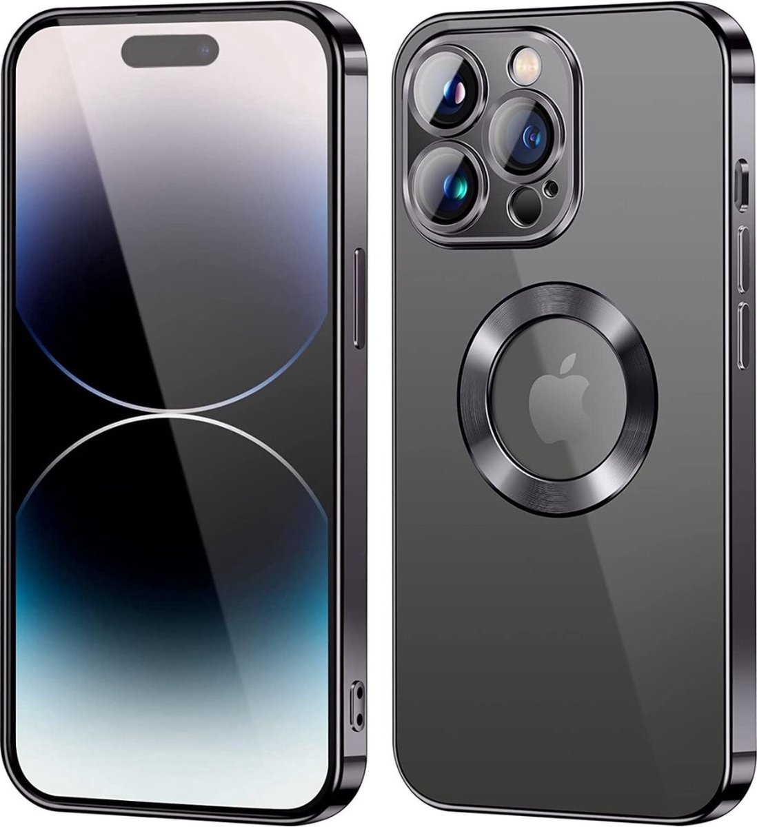 Apple iPhone 13 Magnetisch Hoesje Met Lensbeschermer - Magsafe - Magneet Case Met Ring en camera cover transparant met gekleurde rand - zwart