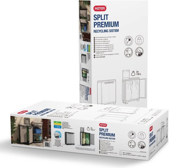 Verpakking van de Keter Split Premium recyclingkast met afbeeldingen van het product en de kenmerken.