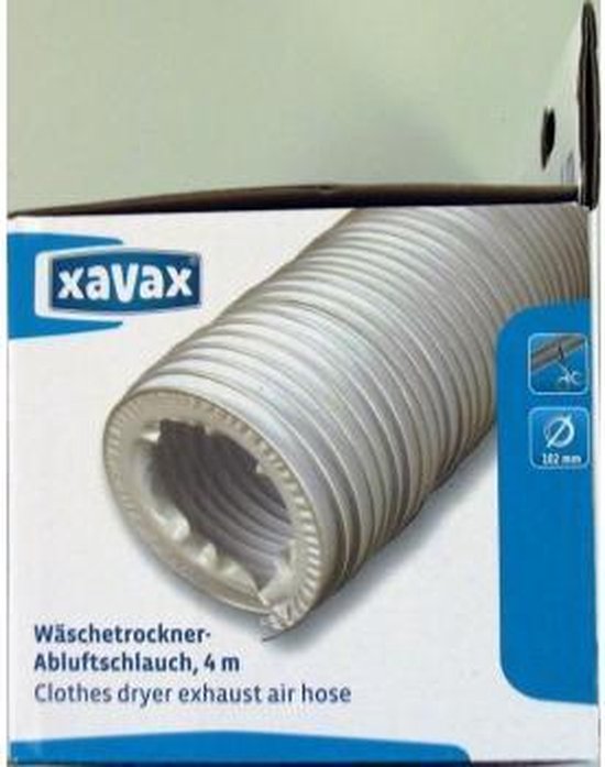 Tuyau d'évacuation d'air blanc côtelé de 4 mètres pour sèche-linge, l'emballage indique Xavax.
