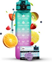 Motivatie Waterfles - Met Fruitfilter - Inclusief Shake Bal - Turquoise/Roze - 1 Liter Drinkfles - Motivatiefles - Waterfles met tijdmarkering - BPA Vrij - Volwassenen - Kinderen - Met Box-On Hydration Challenge