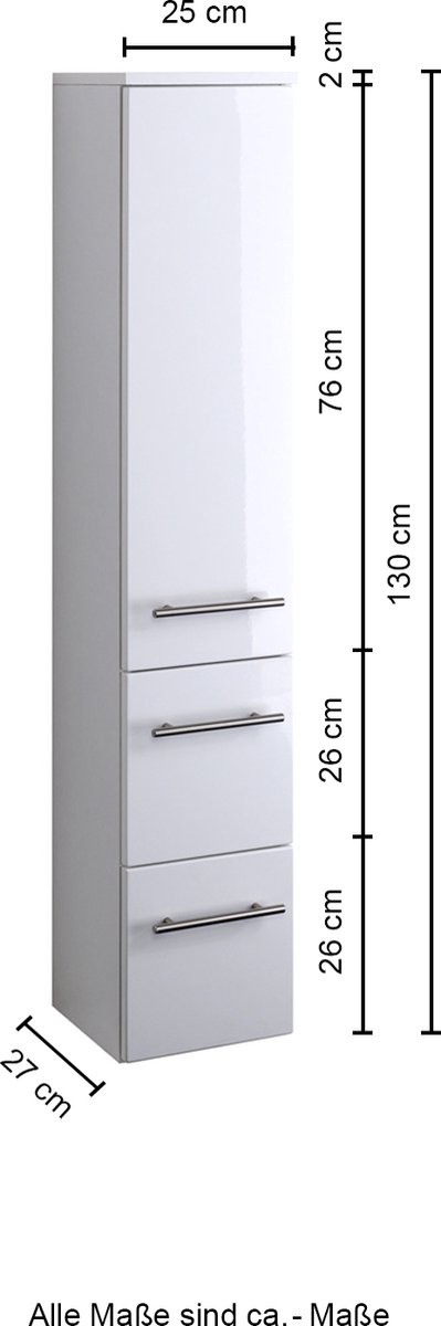 Kolomkast Small 25cm 1 deur & 2 lades - hoogglans wit - Held - Badkamer kolomkast - Wit; Hoogglans wit - MDF; Spaanplaat