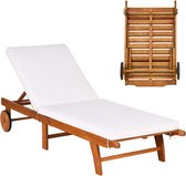 Zonnebed, hout, verstelbare rugleuning met wielen en kussens, strandligstoel voor tuin, gazon en terras