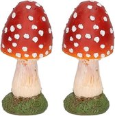 Paddenstoel beeldje - 2x - bolvormig - 13 cm - herfstdecoratie voor binnen en buiten - polyresin ornament - vliegenzwam beeld