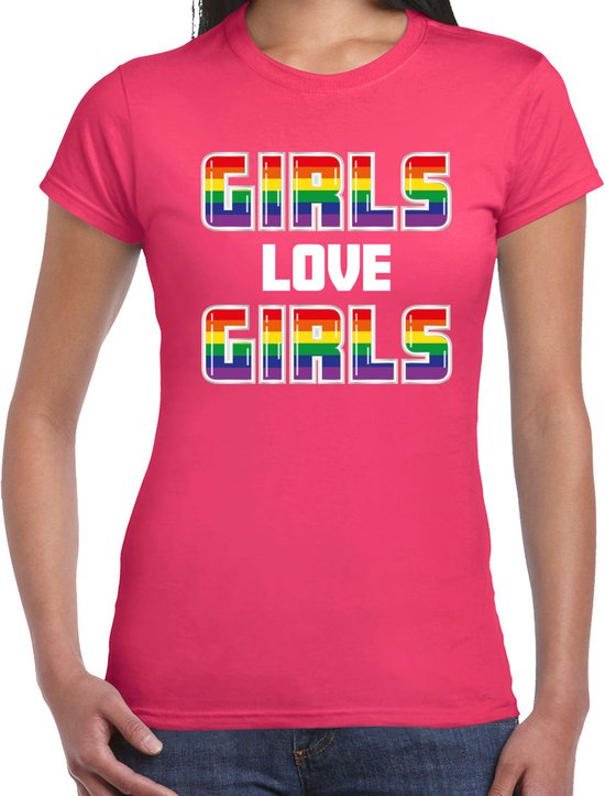 Bellatio Decorations Gay Pride shirt - girls love girls - regenboog - dames - roze XL