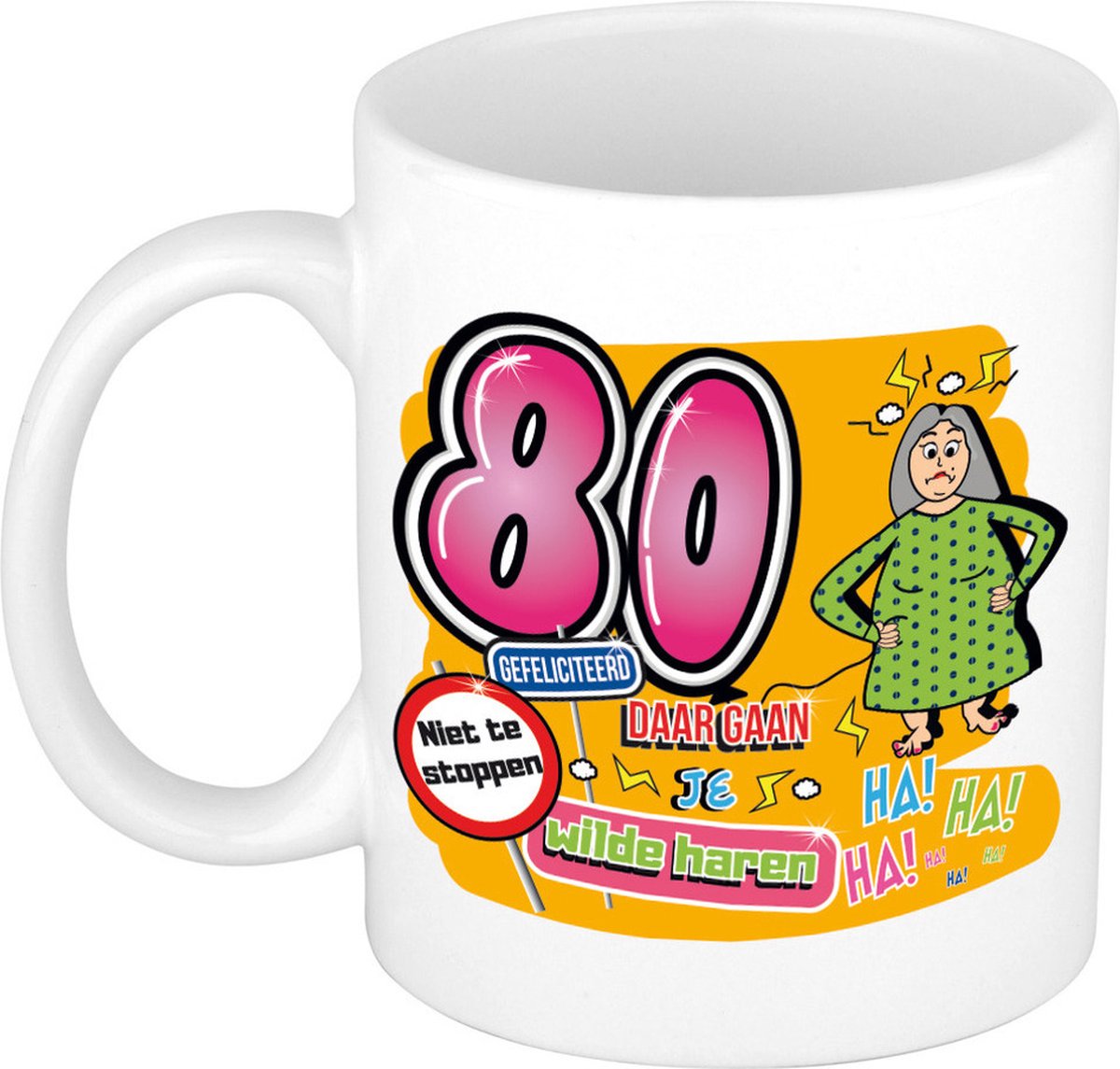 Bellatio Decorations cadeau mok 80 jaar - daar gaan je wilde haren - keramiek - 300 ml