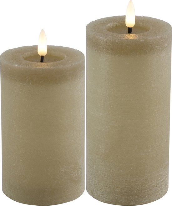 Bougies LED /bougies pilier - set 2x - beige - D7,5 x H15 et H20 cm - blanc chaud