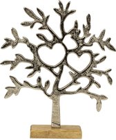 Decoratie levensboom - Tree of Life - aluminium/hout - 23 x 26 cm - zilver kleurig - Home deco