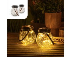 Gadgy Solar Lantaarn Craquelé Glas met 20 fairy lights - Tafellamp Set van 2 - Solar tuinverlichting op zonneenergie - 13.5 x Ø12CM